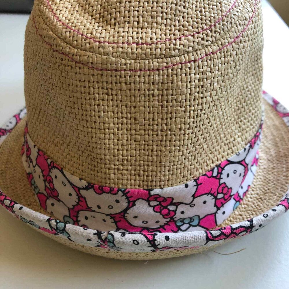 Hello Kitty Straw Hat Fedora Hat Pink Trim Size Medium / Large